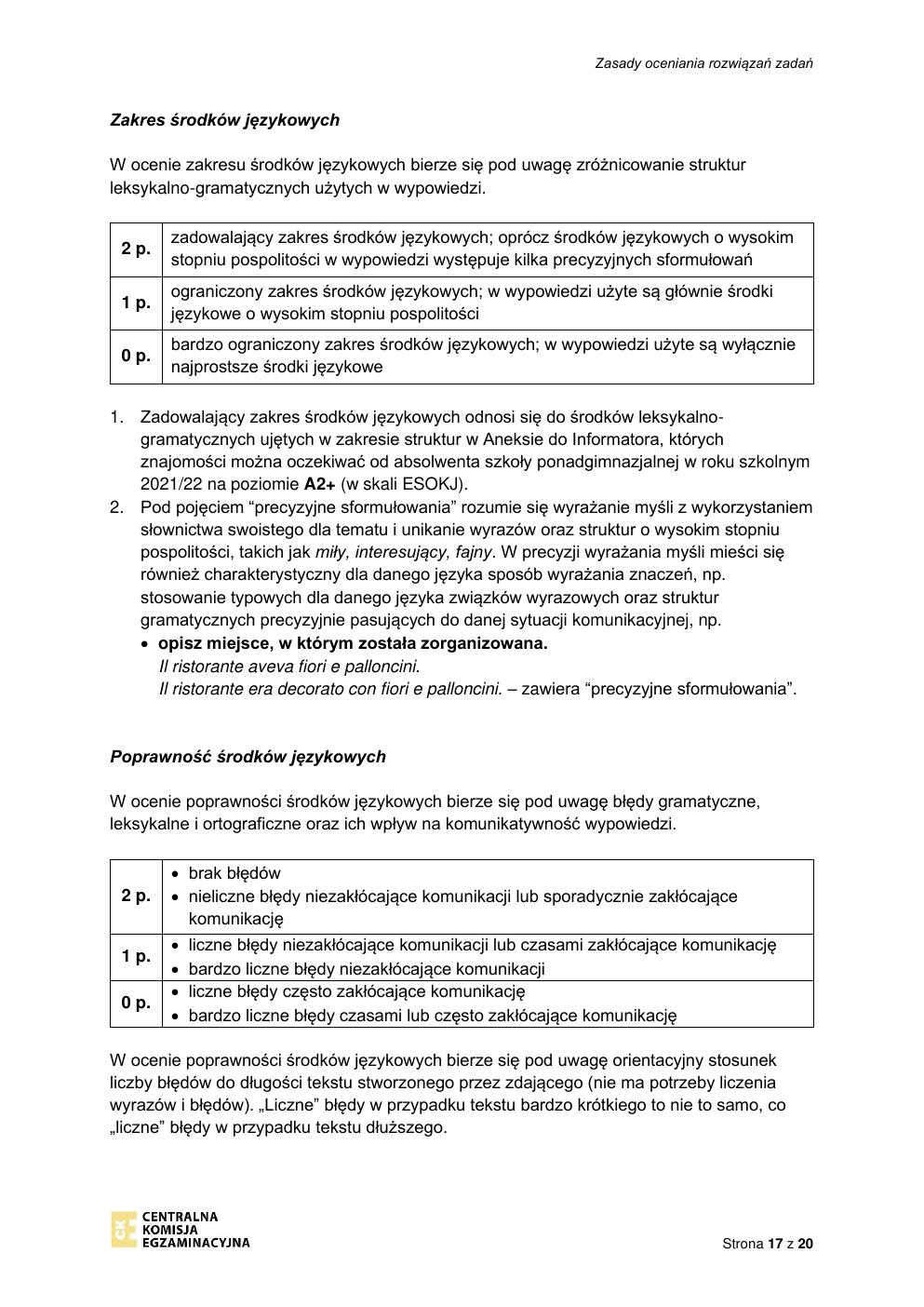 odpowiedzi - język włoski podstawowy - matura 2022 - maj-17