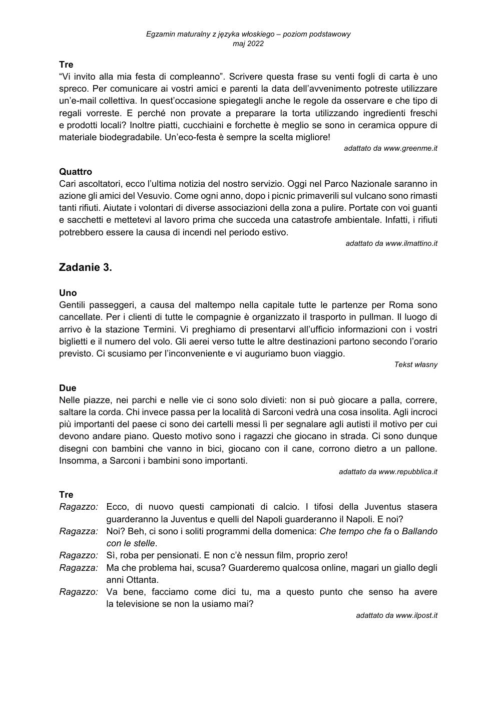 transkrypcja - język włoski podstawowy - matura 2022 - maj-2
