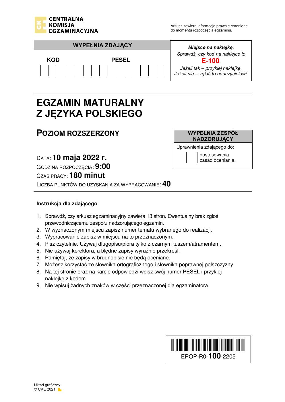 arkusz - język polski rozszerzony - matura 2022 - maj-01