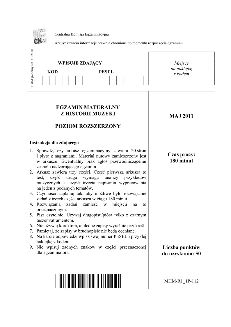 Pytania - historia muzyki, p. rozszerzony, matura 2011-strona-01