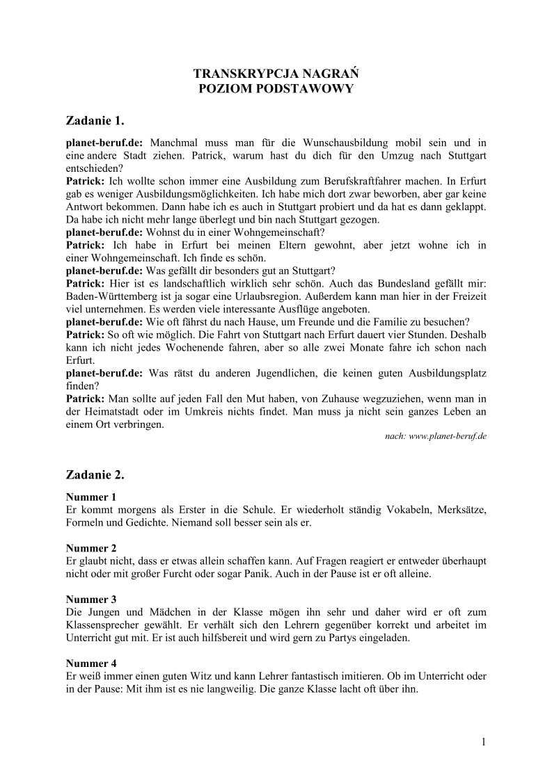 Transkrypcja - jezyk niemiecki, p. podstawowy, matura 2011-strona-01