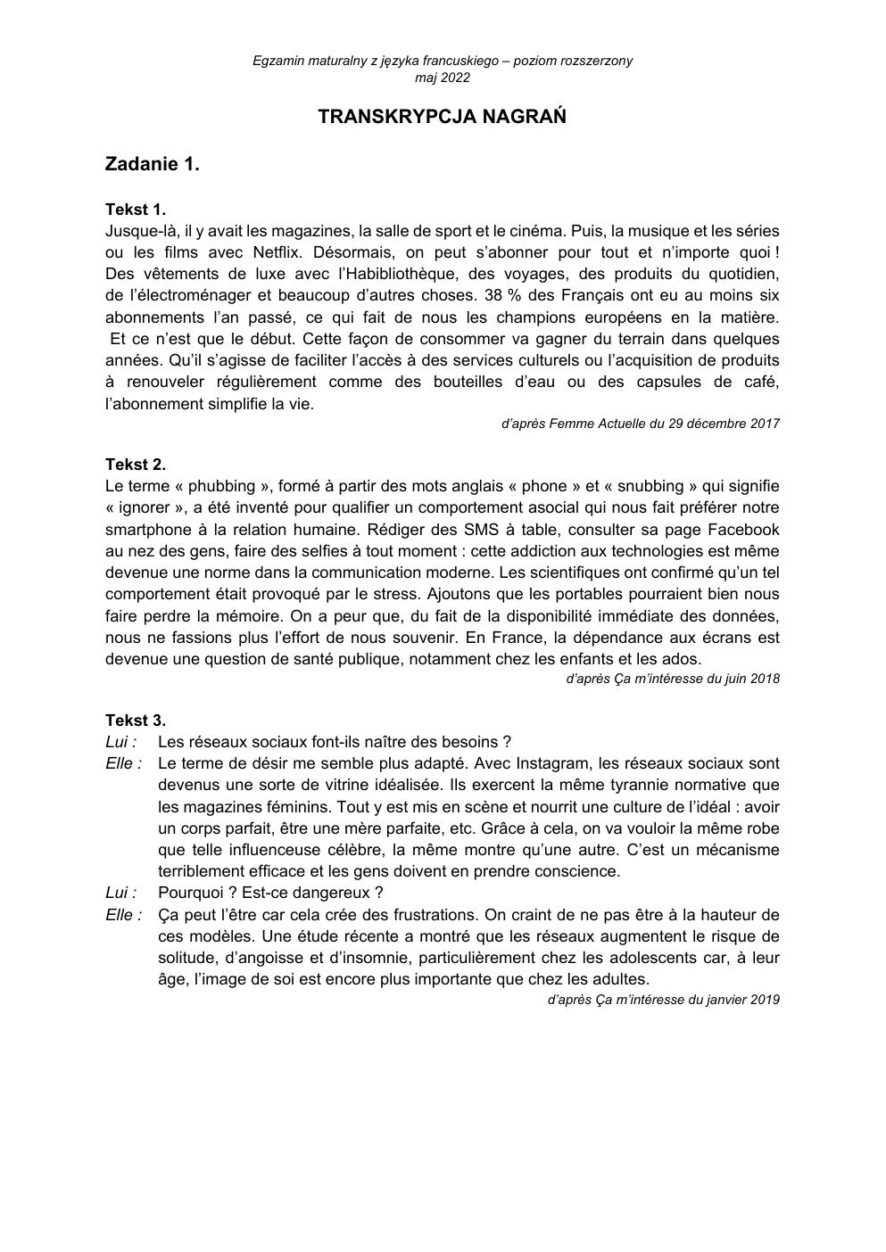 transkrypcja - język francuski rozszerzony - matura 2022 - maj-1