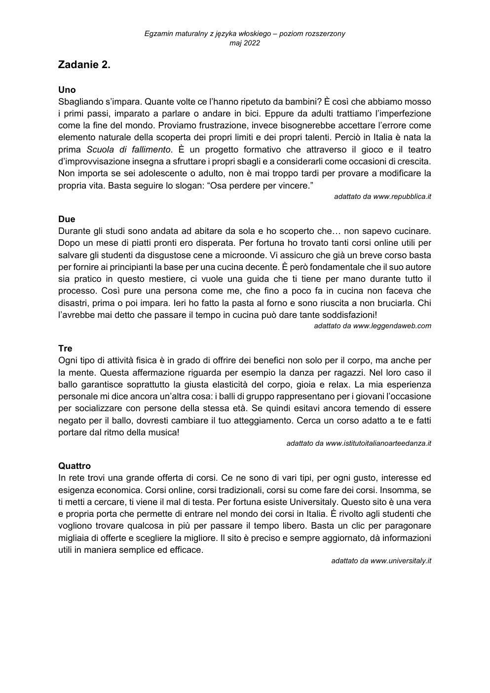 transkrypcja - język włoski rozszerzony - matura 2022 - maj-2