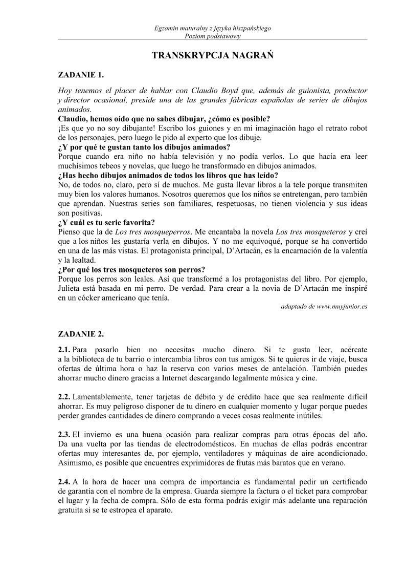 Transkrypcja - jezyk hiszpanski, p. podstawowy, matura 2011-strona-01