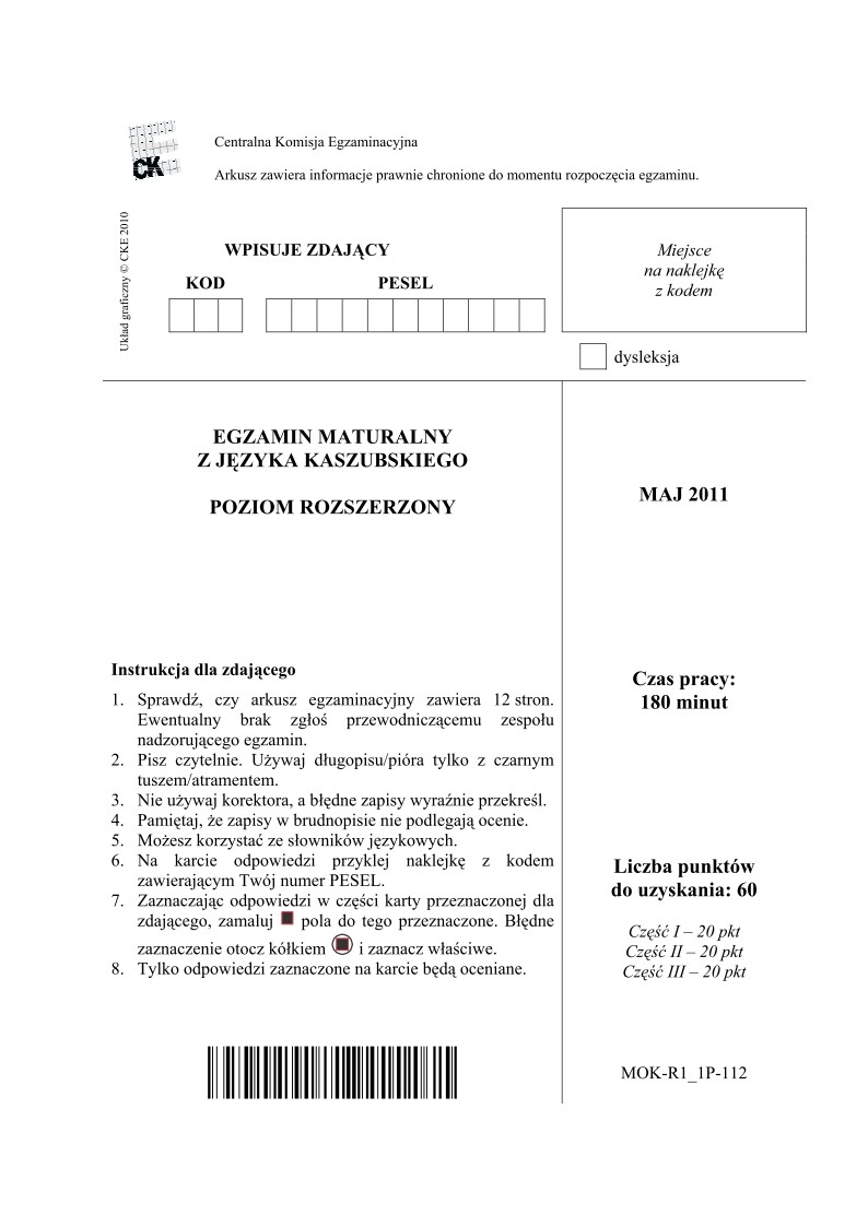 Pytania - jezyk kaszubski, p. rozszerzony, matura 2011-strona-01