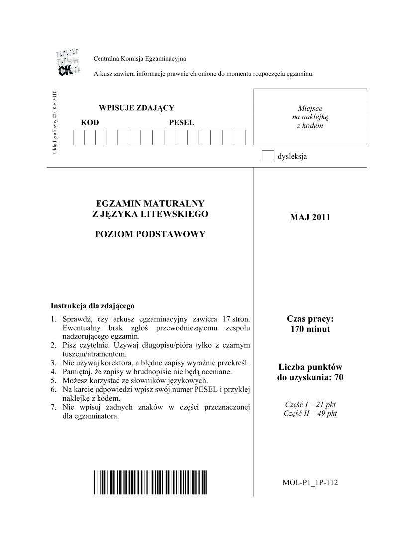 Pytania - jezyk litewski, p. podstawowy, matura 2011-strona-01