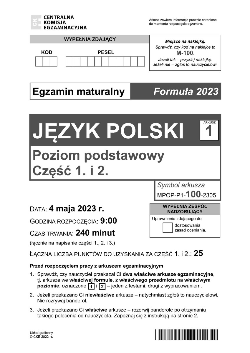 Arkusz 1 – test - język polski podstawowy - matura 2023 - maj - 0001
