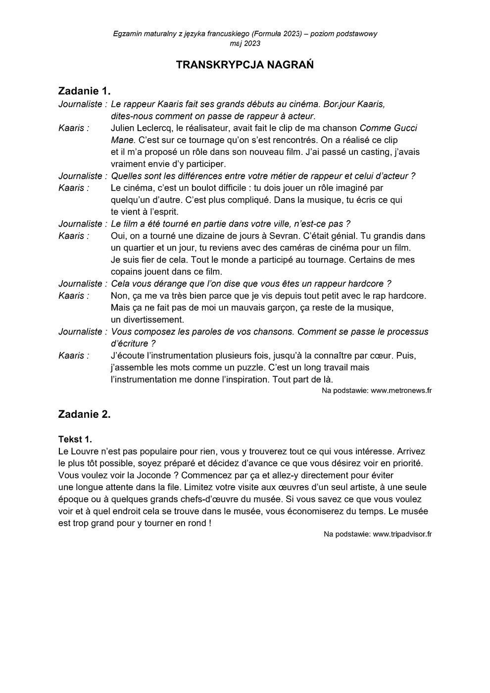 transkrypcja - francuski podstawowy - matura 2023 - maj - 0001