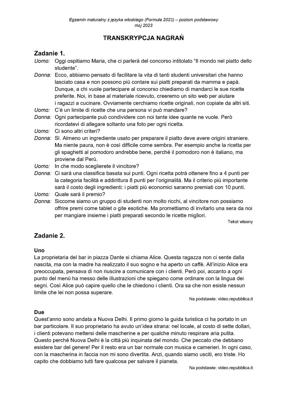 transkrypcja - włoski podstawowy - matura 2023 - maj - 0001