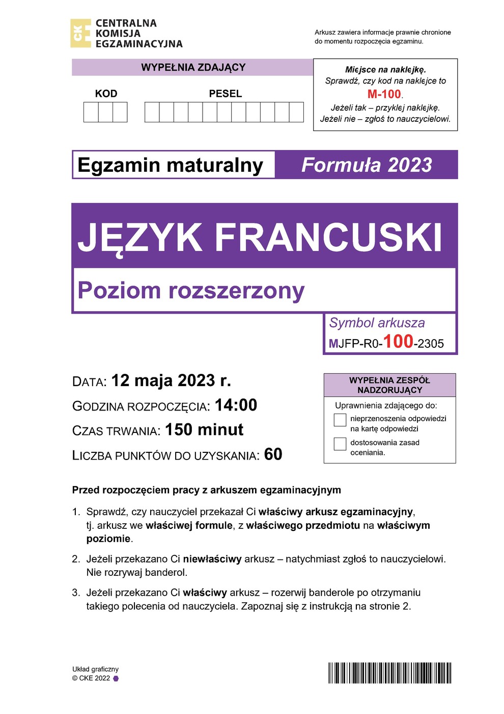 arkusz - francuski rozszerzony - matura 2023 - maj - 0001