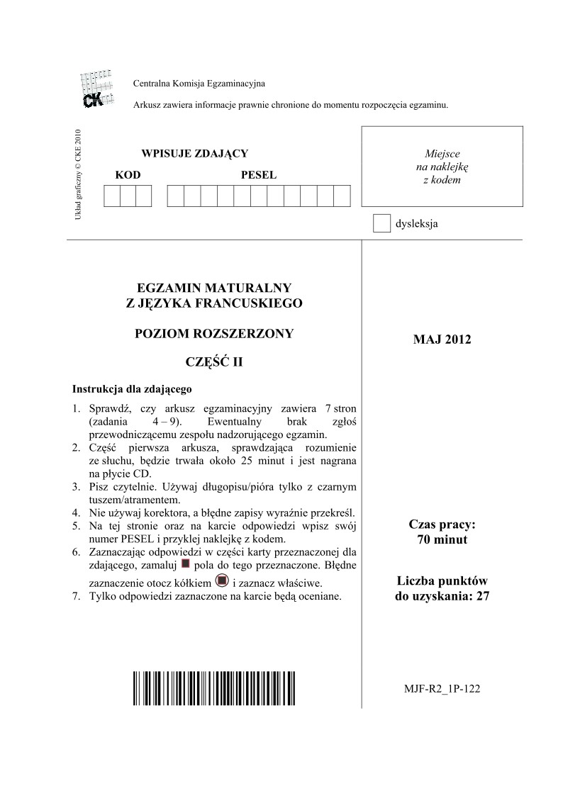 Pytania - jezyk francuski, p. rozszerzony, matura 2012-cz2-strona-01