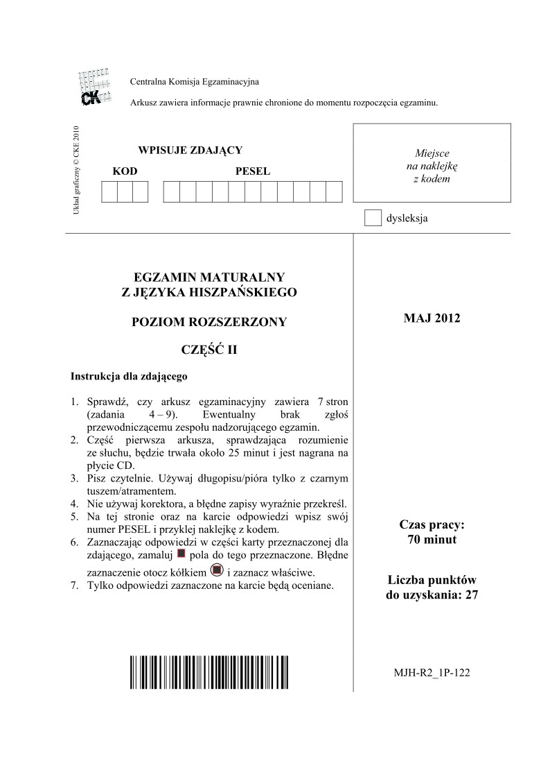 Pytania - jezyk hiszpanski, p. rozszerzony, matura 2012-cz2-strona-01