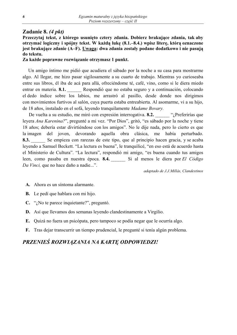 Pytania - jezyk hiszpanski, p. rozszerzony, matura 2012-cz2-strona-06