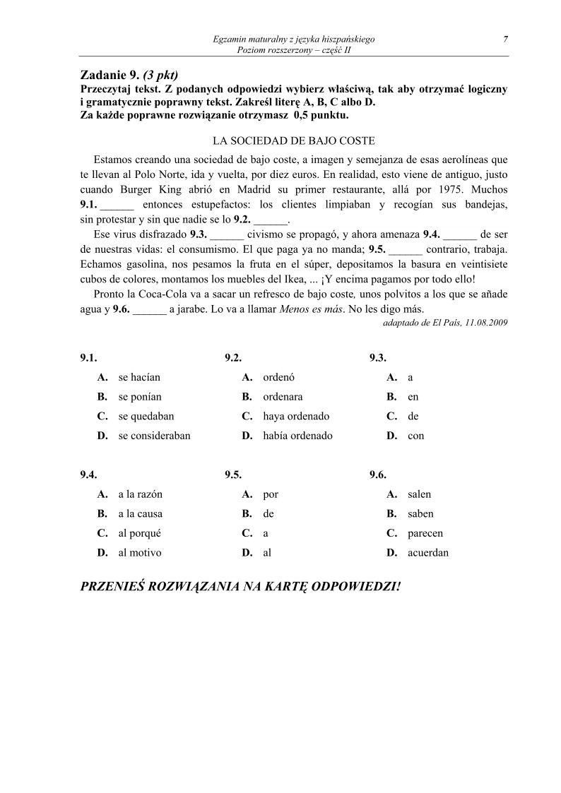 Pytania - jezyk hiszpanski, p. rozszerzony, matura 2012-cz2-strona-07