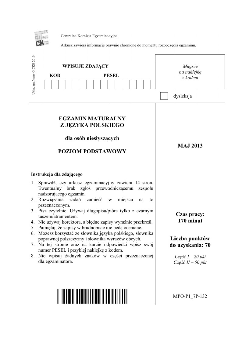 Język polski dla osób niesłyszących, matura 2013, p. podstawowy-strona-01