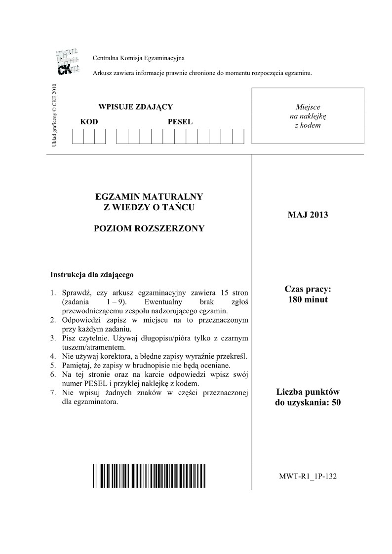 Wiedza o tańcu, matura 2013, p. rozszerzony-strona-01