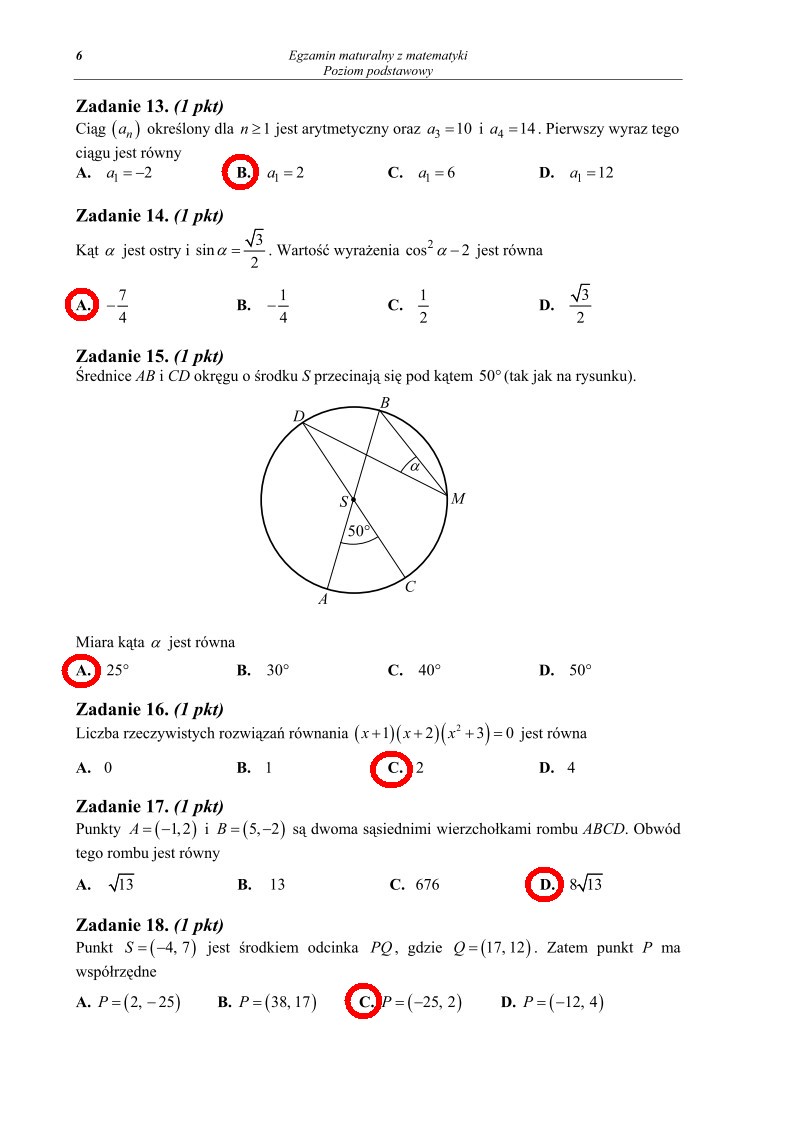 odpowiedzi - zad. 13-18 - Matematyka, matura 2013, p. podstawowy-strona-06