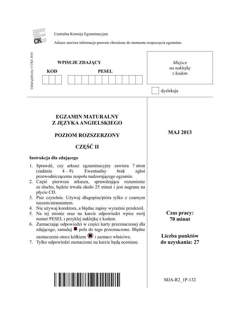 Pytania - język angielski, p. rozszerzony, część II, matura 2013-strona-01