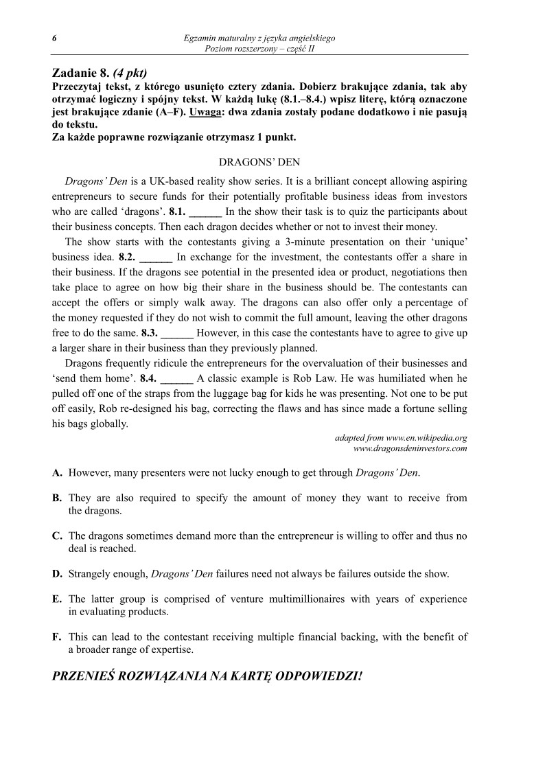 Pytania - język angielski, p. rozszerzony, część II, matura 2013-strona-06