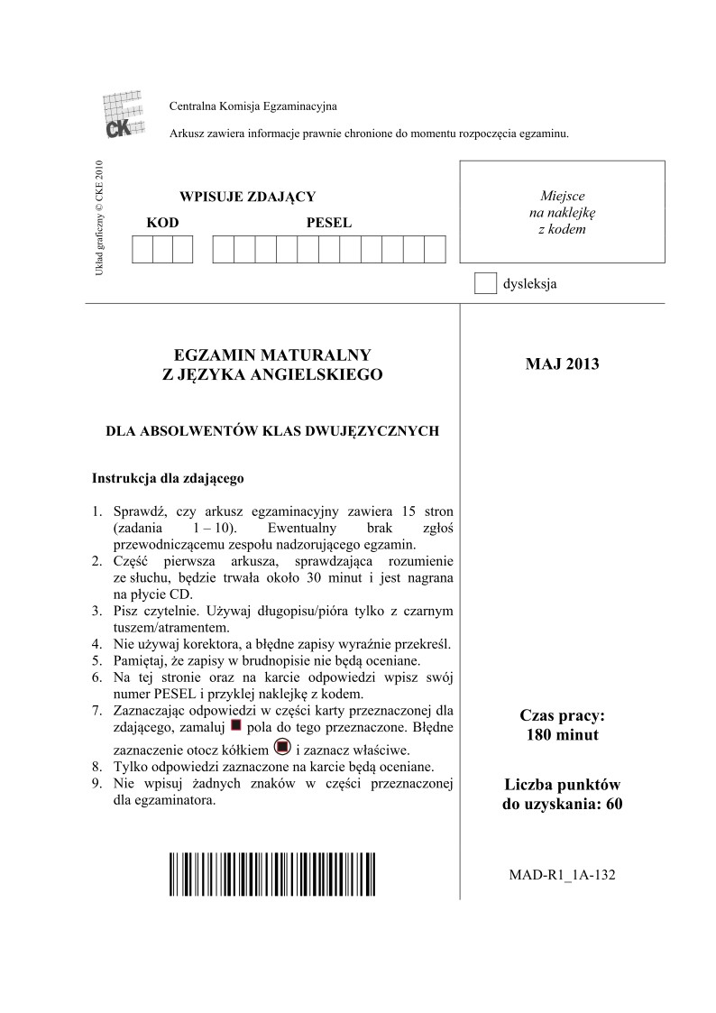 Pytania - j. angielski dla absolwentów klas dwujęzycznych, matura 2013-strona-01