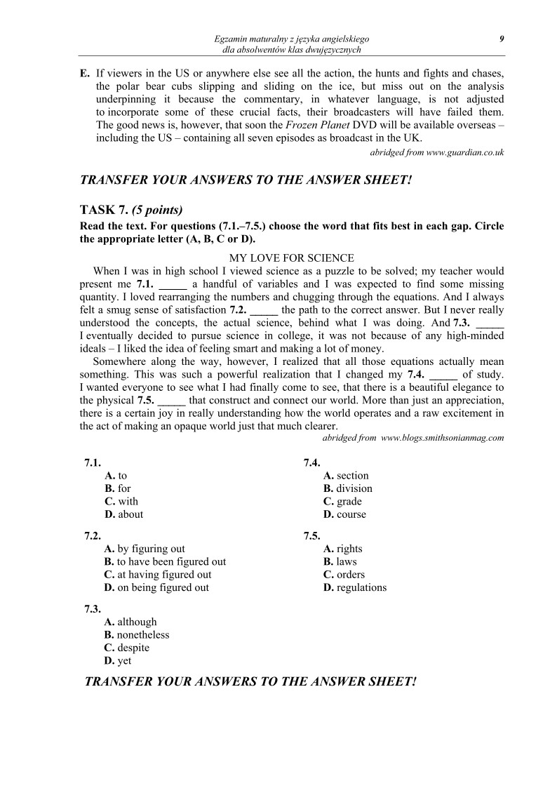 Pytania - j. angielski dla absolwentów klas dwujęzycznych, matura 2013-strona-09