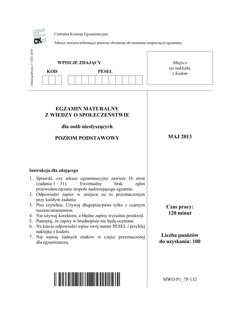 Pytania - wiedza o społeczeństwie dla osób niesłyszących, p. podstawowy, matura 2013-strona-01