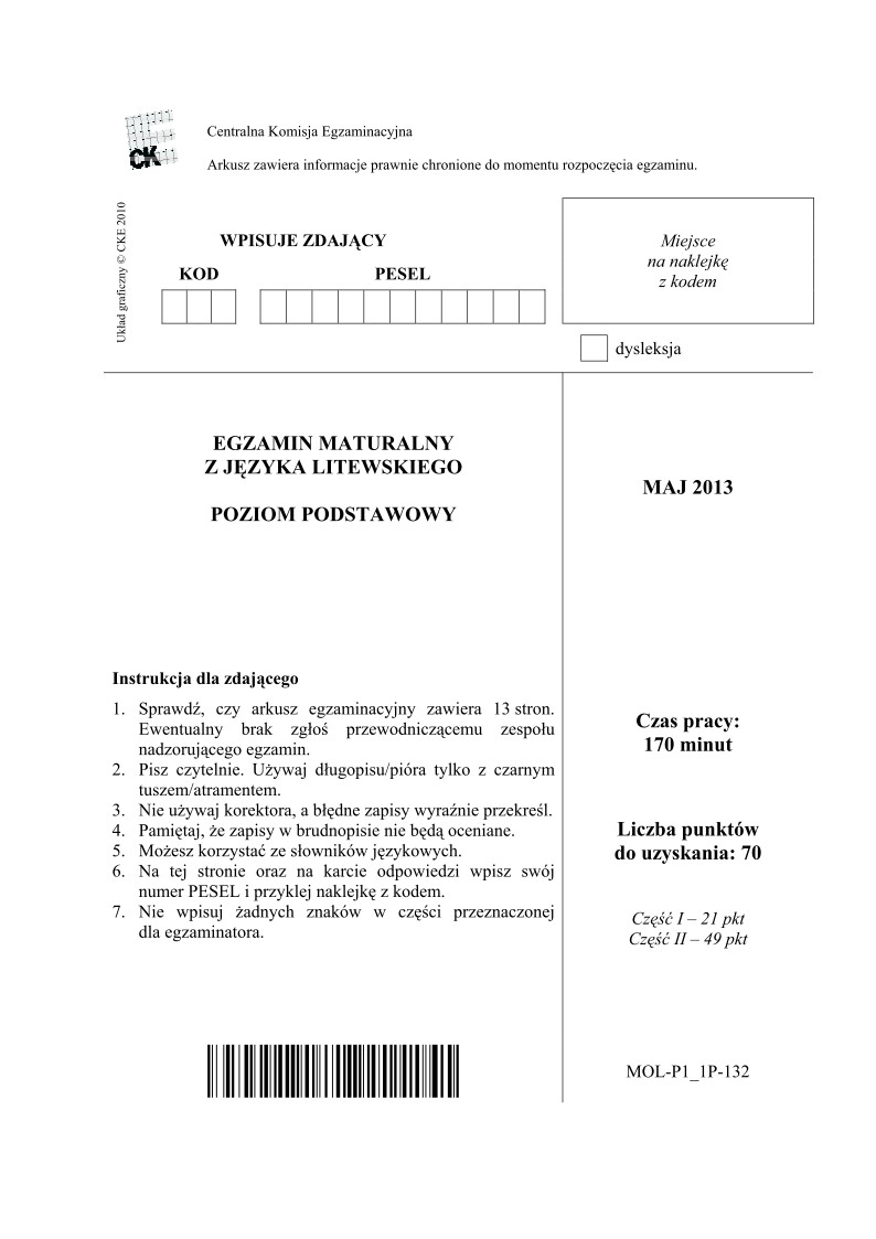 Pytania - język litewski, p. podstawowy, matura 2013-strona-01