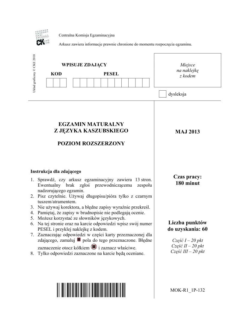 Pytania - język kaszubski, p. rozszerzony, matura 2013-strona-01