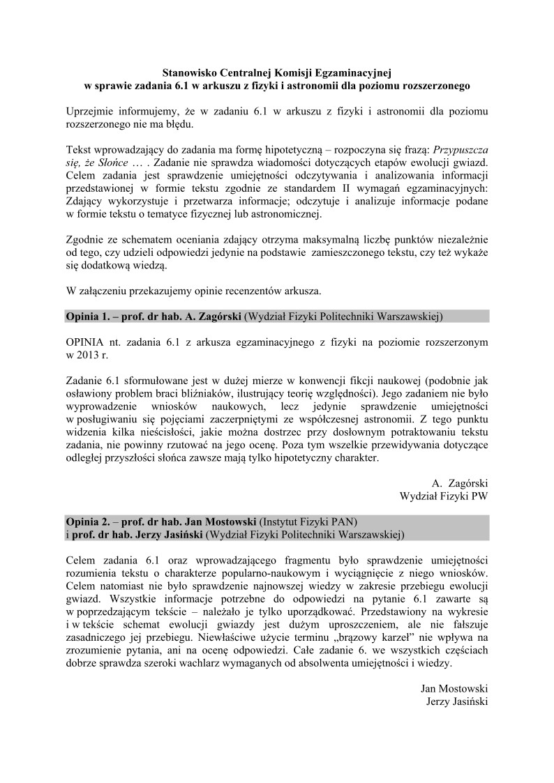 Stanowisko Centralnej Komisji Egzaminacyjnej w sprawie zadania 6.1 w arkuszu z fizyki i astronomii dla poziomu rozszerzonego, matura 2013-strona-01