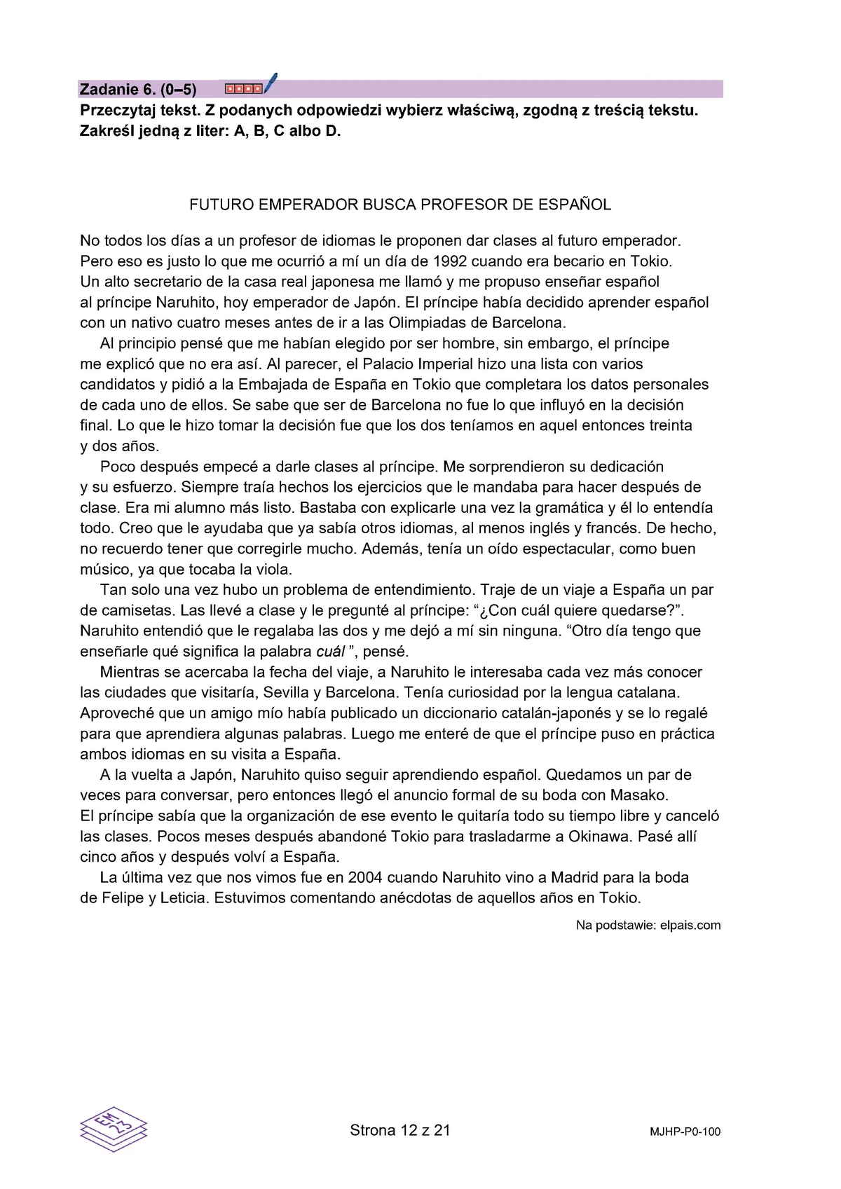 arkusz - hiszpański podstawowy - matura 2025 - maj - 0012
