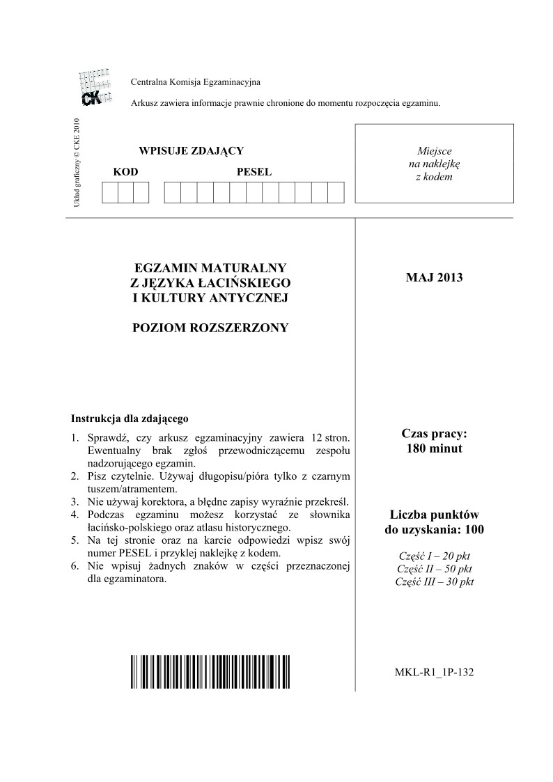 Pytania - j. łaciński i kultura antyczna, p. rozszerzony, matura 2013-strona-01