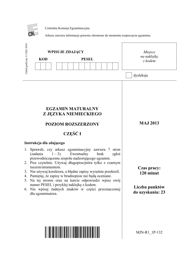 Pytania - j. niemiecki, p. rozszerzony, cz. I, matura 2013-strona-01