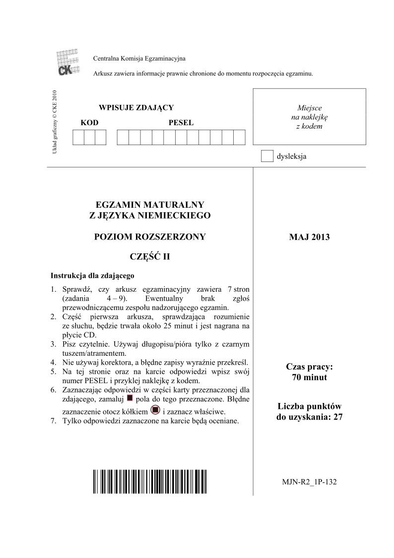 Pytania - j. niemiecki, p. rozszerzony, cz. II, matura 2013-strona-01