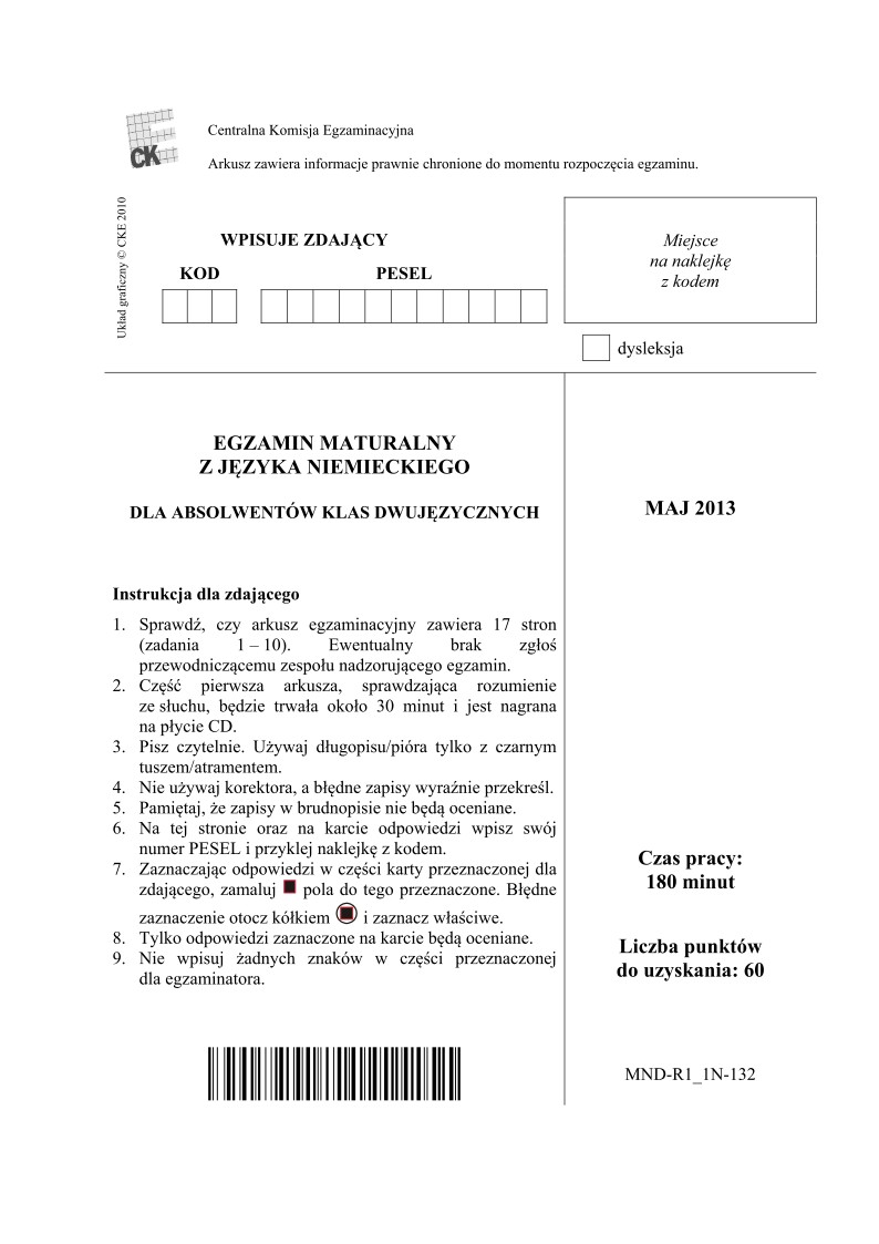 Pytania - j. niemiecki dla absolwentów klas dwujęzycznych, matura 2013-strona-01