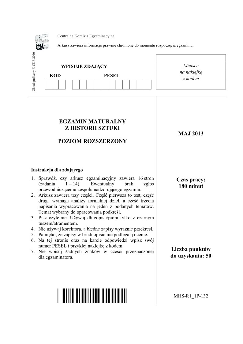 Pytania - historia sztuki, p. rozszerzony - matura 2013-strona-01