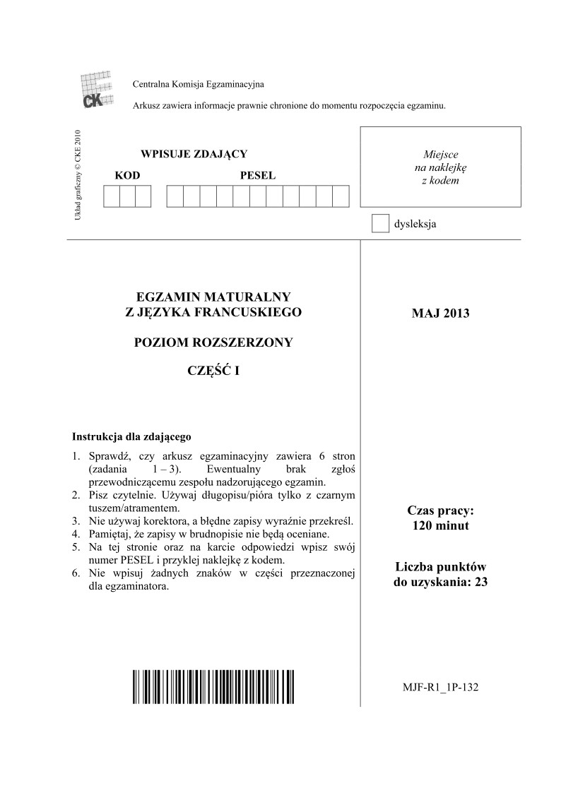 Pytania - język francuski, p. rozszerzony, część I - matura 2013-strona-01