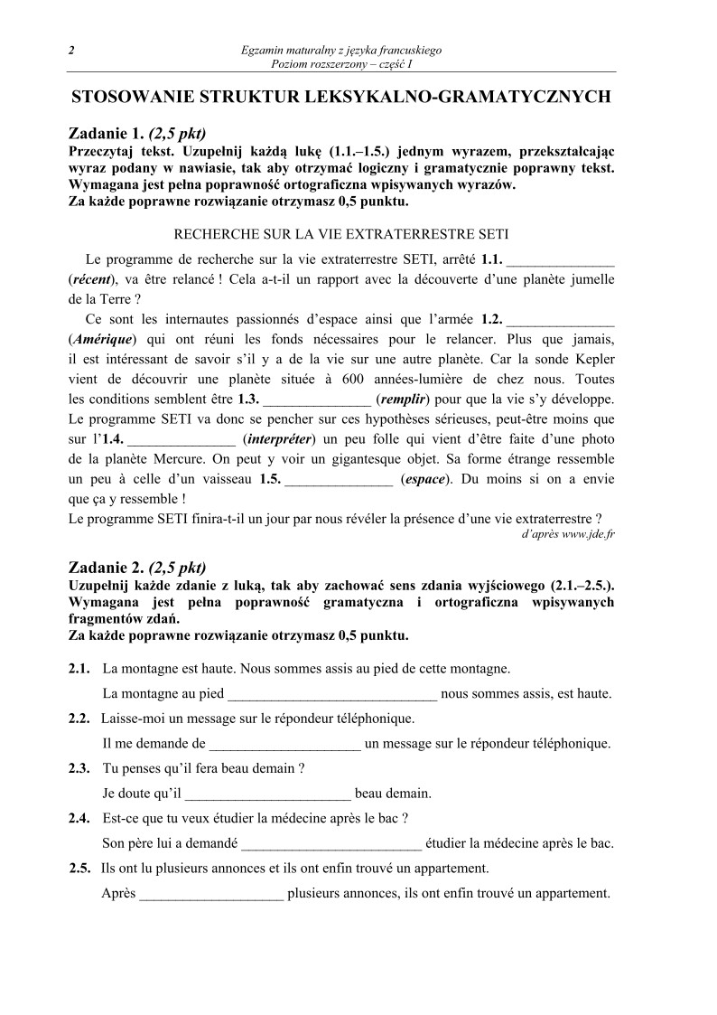 Pytania - język francuski, p. rozszerzony, część I - matura 2013-strona-02