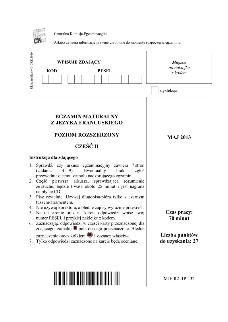 Pytania - język francuski, p. rozszerzony, część II - matura 2013-strona-01