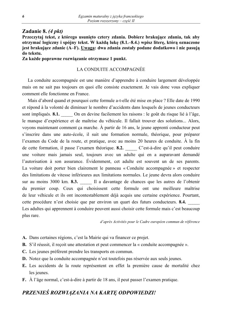Pytania - język francuski, p. rozszerzony, część II - matura 2013-strona-06