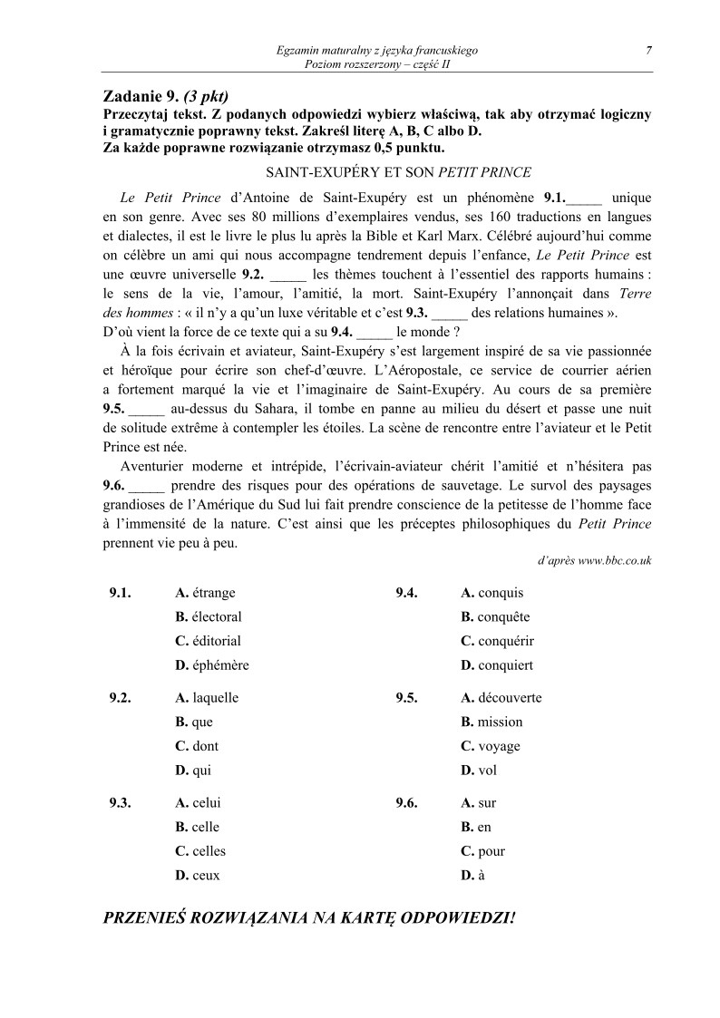 Pytania - język francuski, p. rozszerzony, część II - matura 2013-strona-07