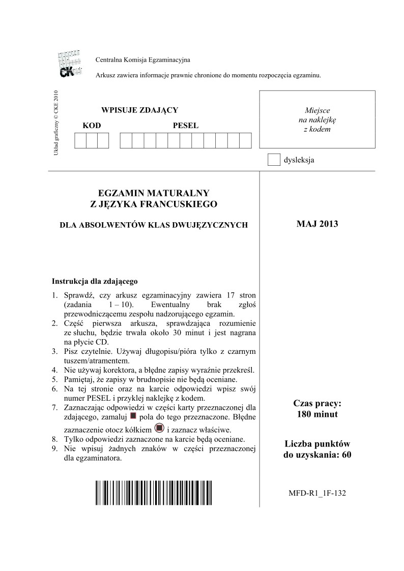 Pytania - język francuski dla absolwentów klas dwujęzycznych - matura 2013-strona-01