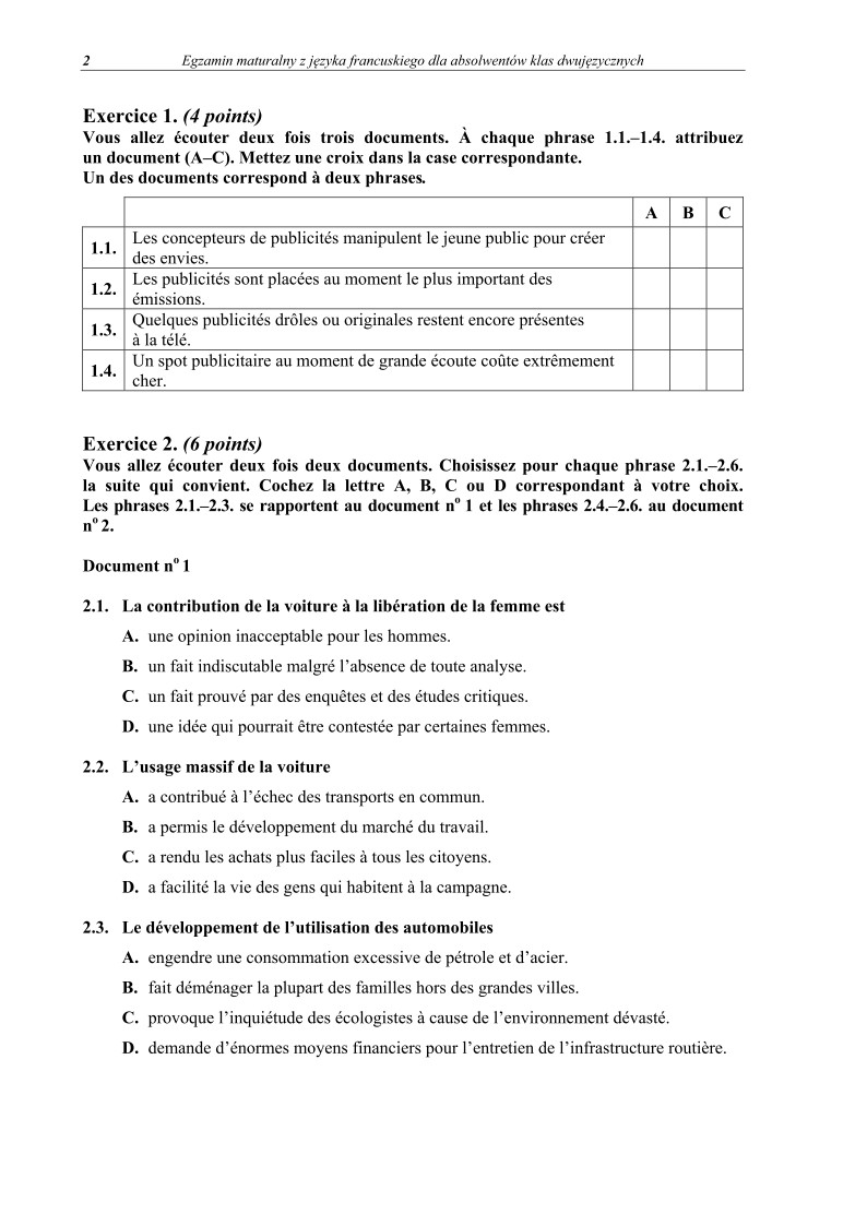 Pytania - język francuski dla absolwentów klas dwujęzycznych - matura 2013-strona-02