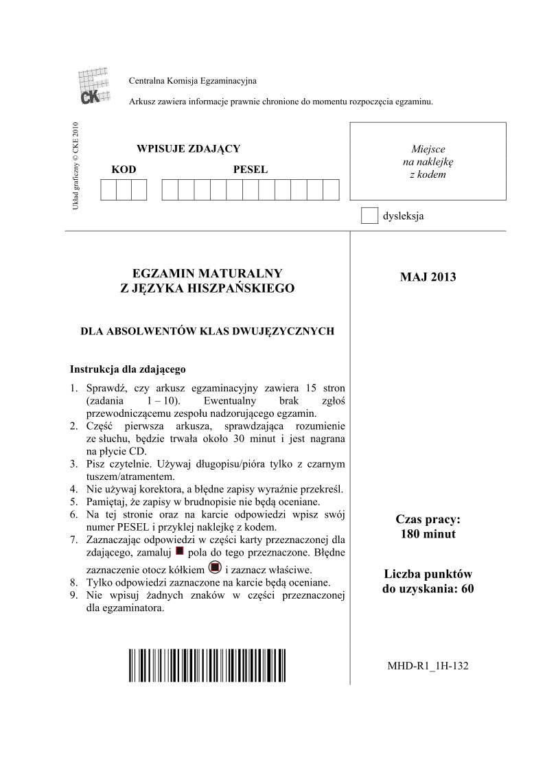 Pytania - język hiszpański dla absolwentów klas dwujęzycznych - matura 2013-strona-01