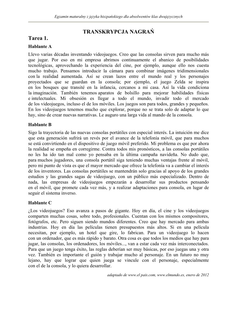 Transkrypcja - język hiszpański dla absolwentów klas dwujęzycznych - matura 2013-strona-01