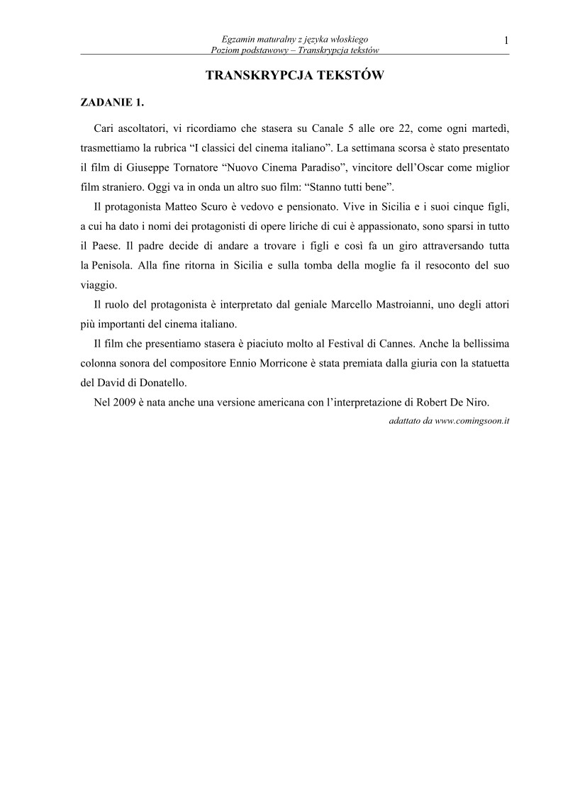 Transkrypcja - język włoski, p. podstawowy - matura 2013-strona-01