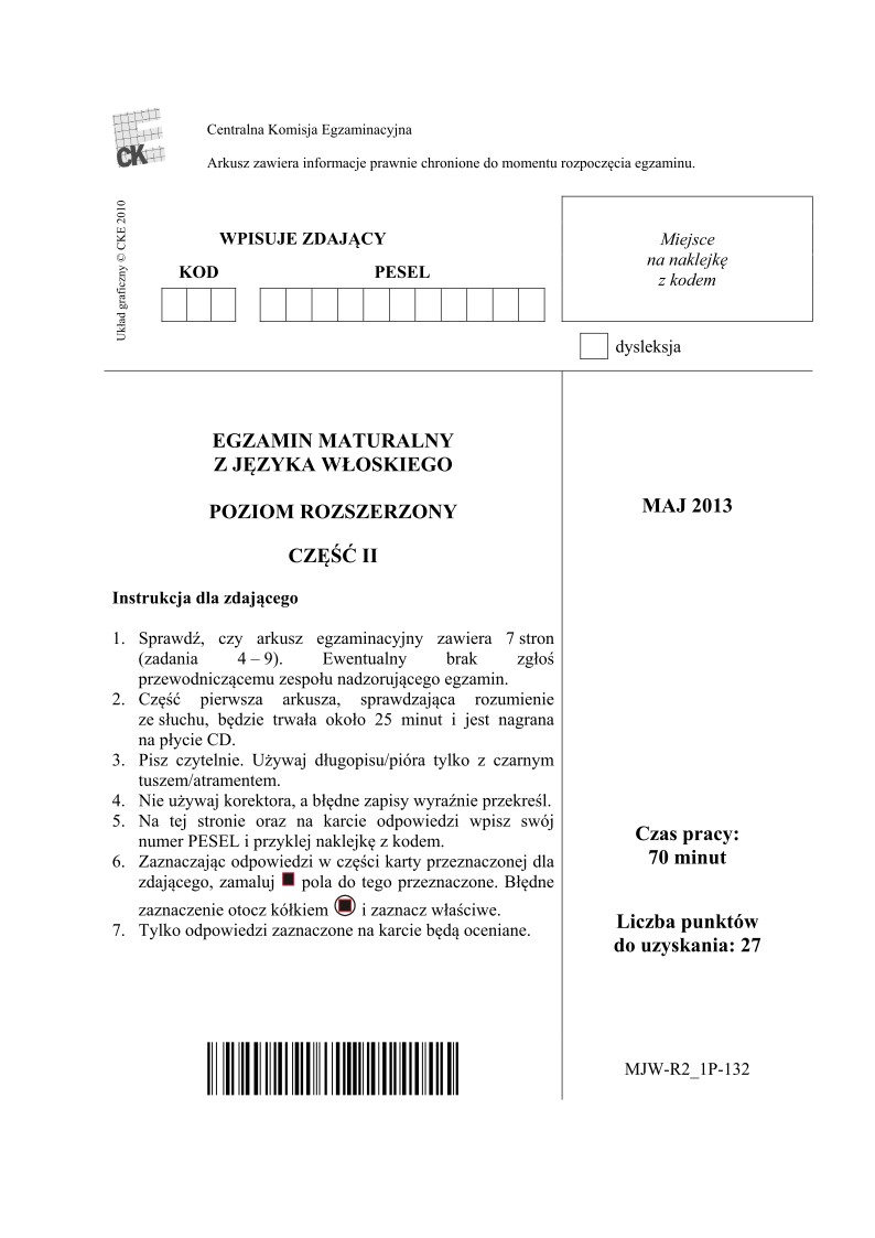 Pytania - język włoski, p. rozszerzony, część II - matura 2013-strona-01