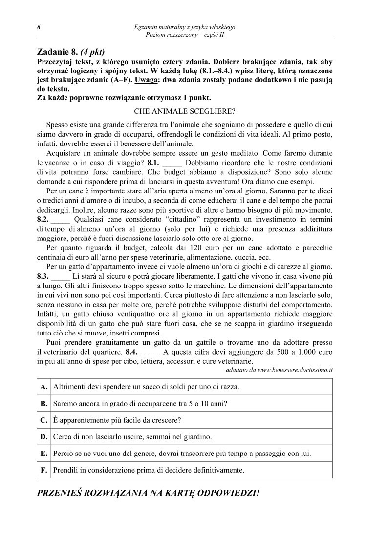 Pytania - język włoski, p. rozszerzony, część II - matura 2013-strona-06