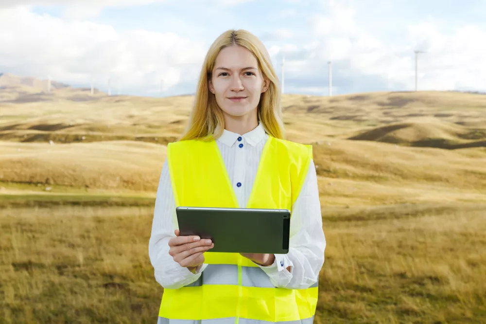 young-woman-green-vest-with-tablet-looks-camera-engineer-background-wind-turbines-mountains