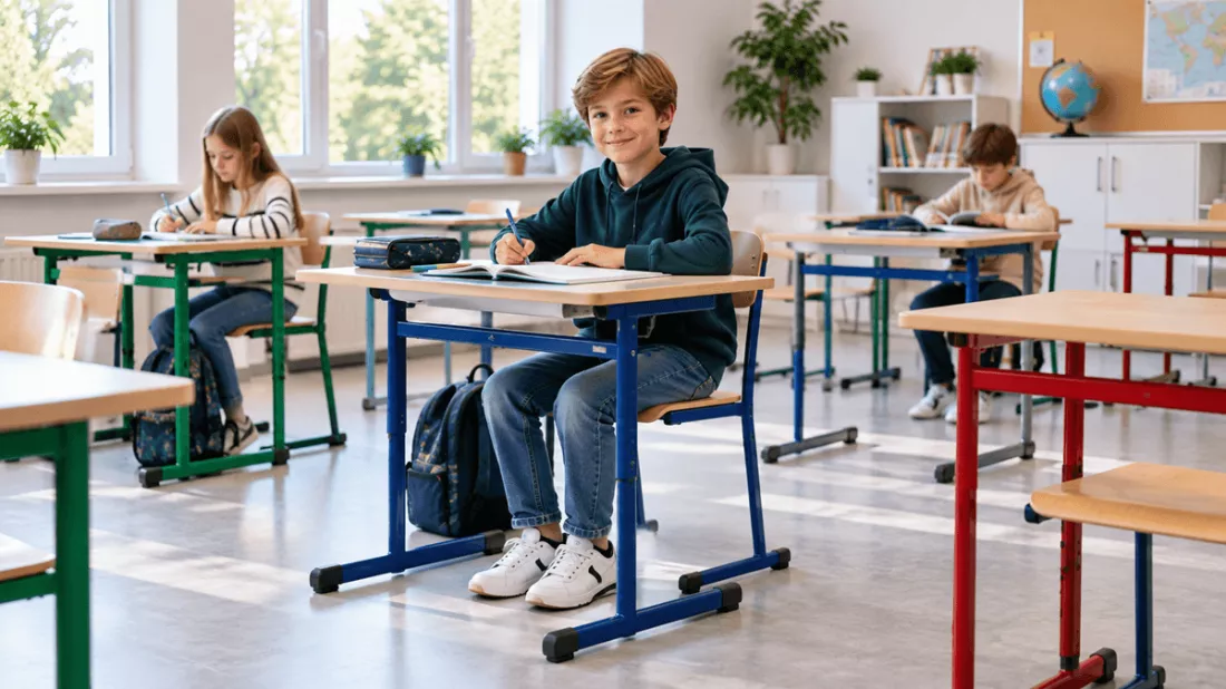 chłopiec siedzący przy nowoczesnej ławce szkolnej